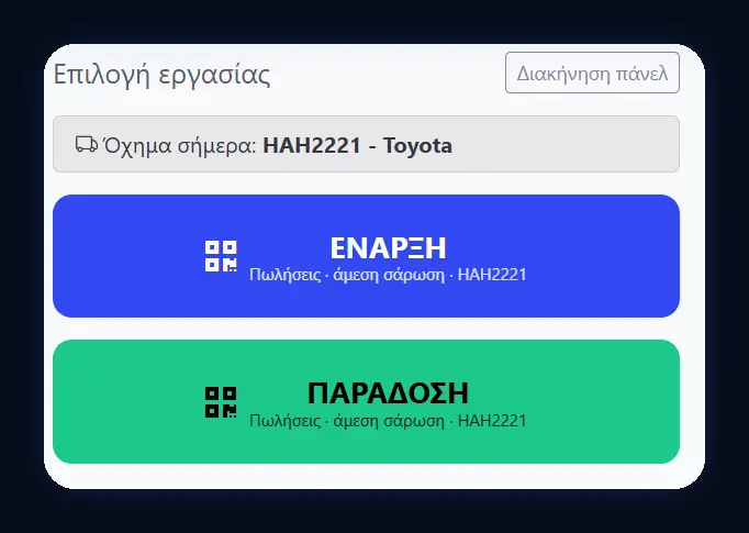 Οθόνη οδηγού στο Mastersoft Delivery με κουμπιά Έναρξη και Παράδοση